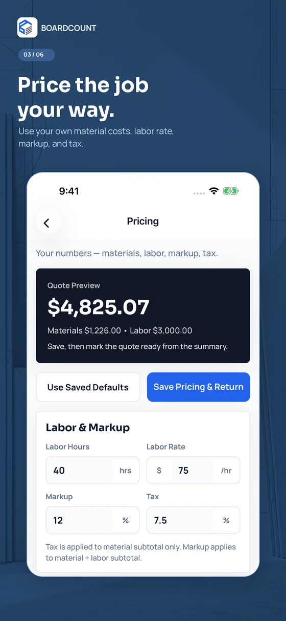 BoardCount pricing screen with material cost, labor, markup, tax, and a $4,825.07 quote preview
