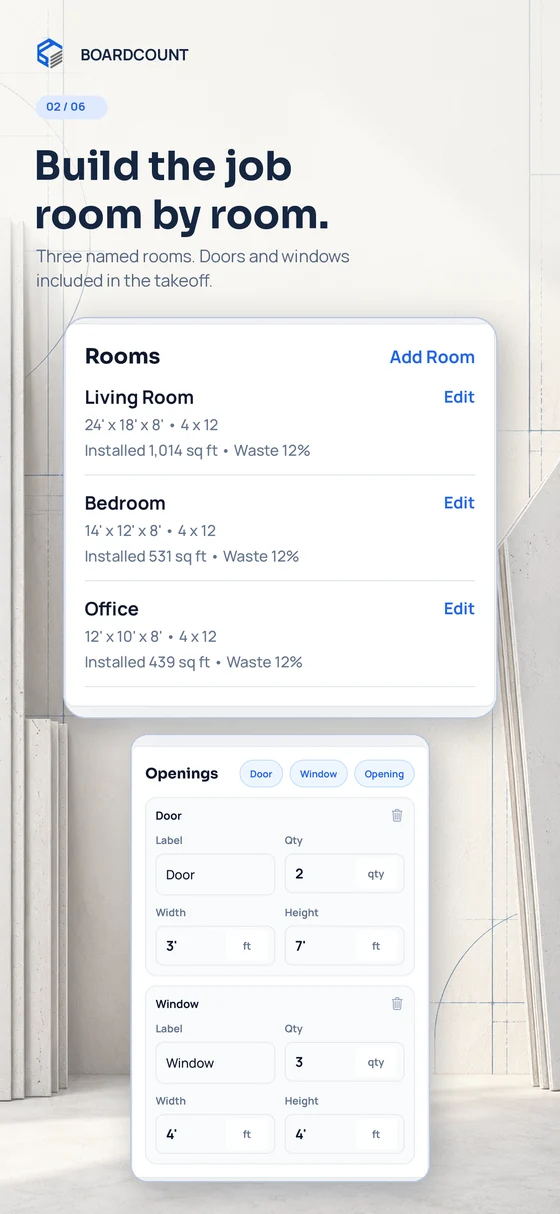 BoardCount room-by-room takeoff with a living room, bedroom, office, doors, and windows